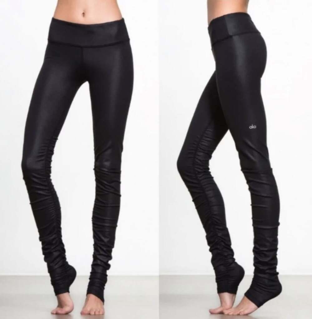 Alo Yoga Idol Ruched Black Shimmer Over Heel Leggings Size S
